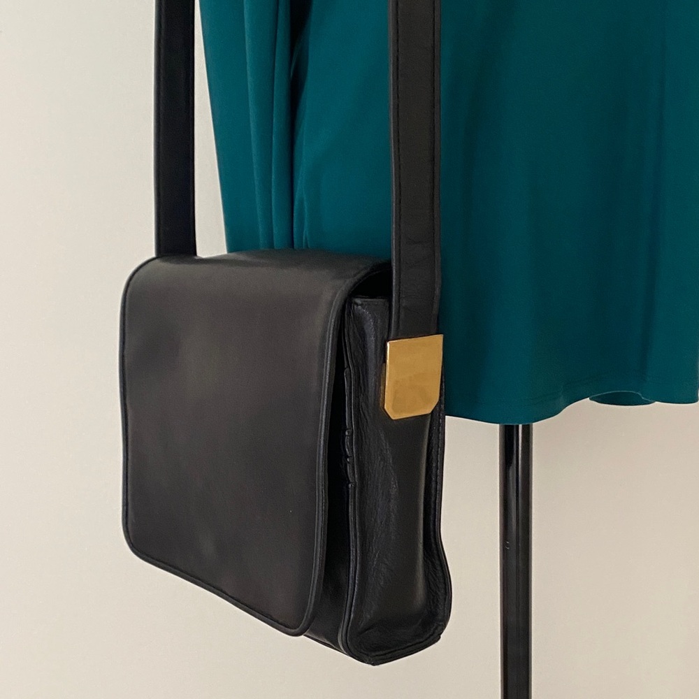 Tignanello Black Leather Messenger Bag with Gold Accent